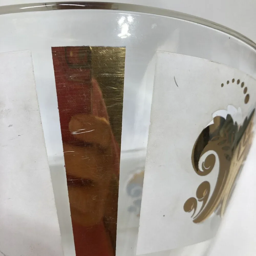 Vtg MCM Gilt Gold Fleur De Lis Wheat Medallion Salad Chip Bowl Libbey Clear Gold
